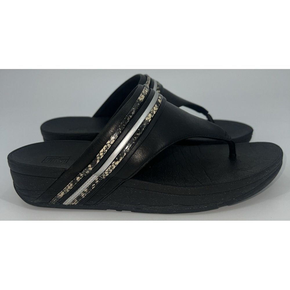 FITFLOP OLIVE‎ SNAKE BANGLE SIZE 9/41 BLACK LEATHER FLIP FLOPS Comfort Light
